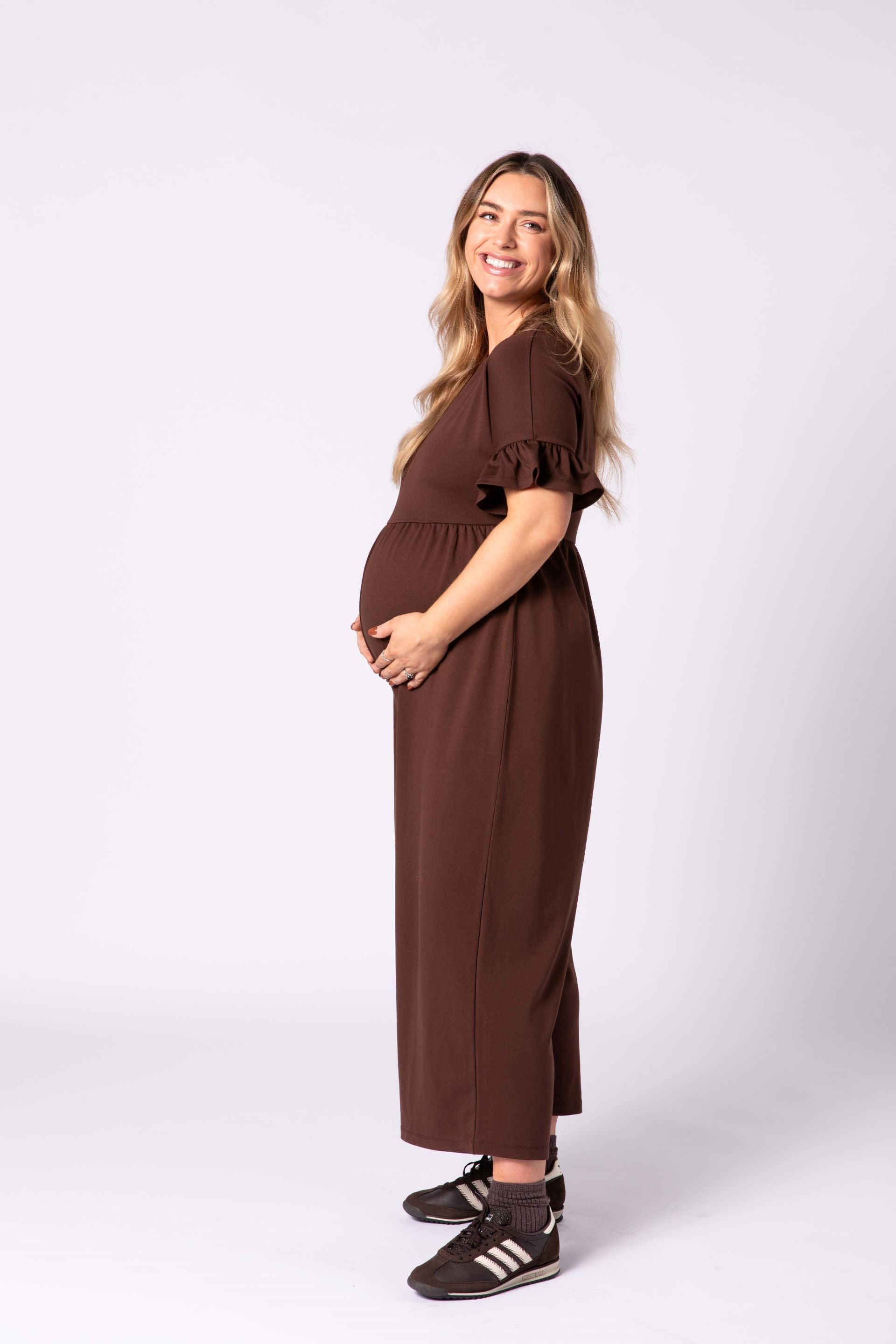 Lilyana Maternity Jumpsuit - Brown Style The Bump Lilyana Maternity Jumpsuit - Brown Style The Bump